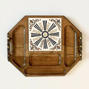 Vintage Mid Century Wood Gold Black Tile Charcuterie Appetizer Cheese Board Prop